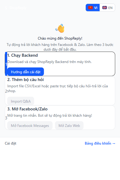 ShopReply Popup - Giao diện chính sau khi cài đặt