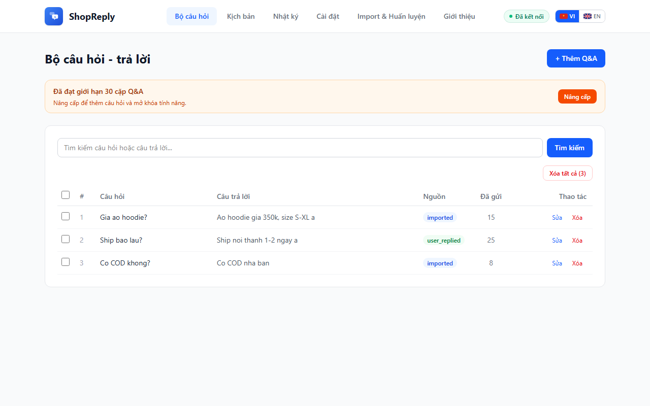 Q&A Database - Bảng câu hỏi và trả lời