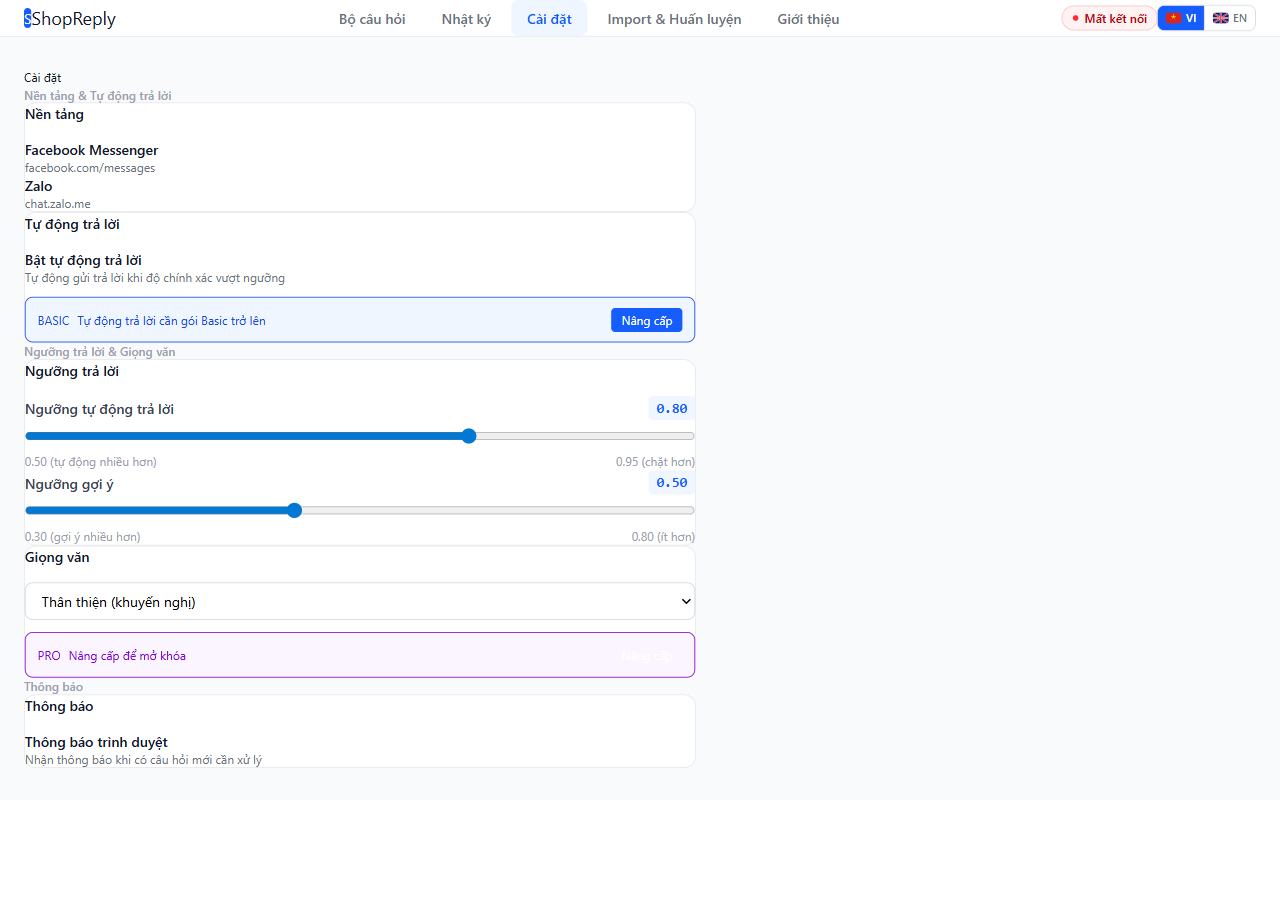 Settings - Cài đặt ShopReply